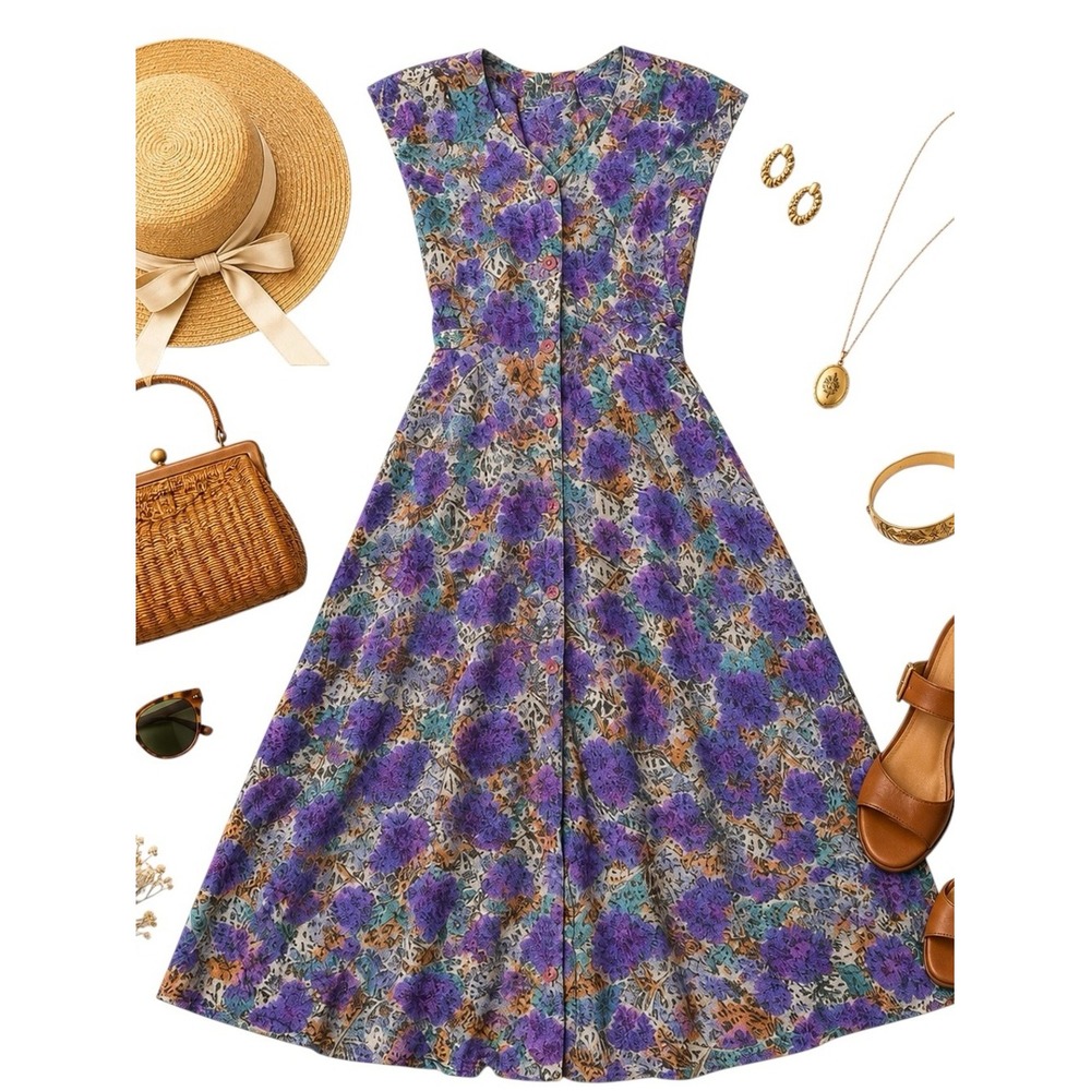 Vintage Carole Little Floral Midi Dress Purple Green Shoulder Pad XS Cottagecore